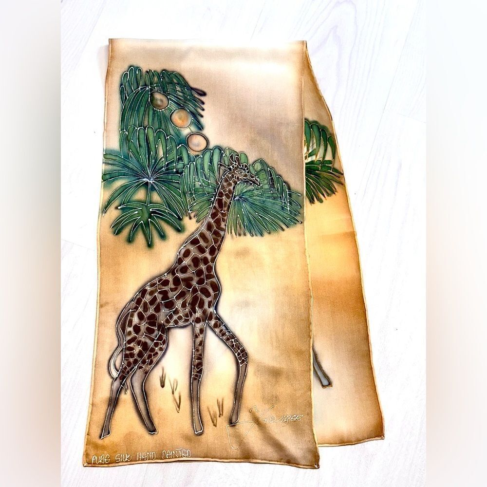 Vintage hand painted Artist signed silk satin scarf -giraffe-Africa